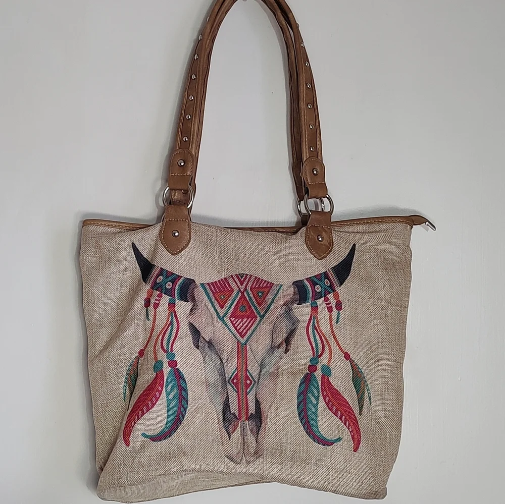 Montana West Burlap Tan Tote Bag with Tribal Design